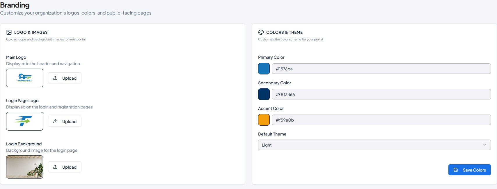 FastIQ branding controls for broker logos and colors