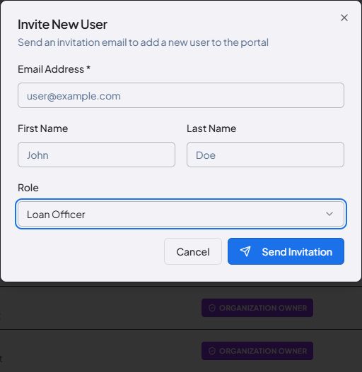 FastIQ user invitation with role selection and placeholder user information