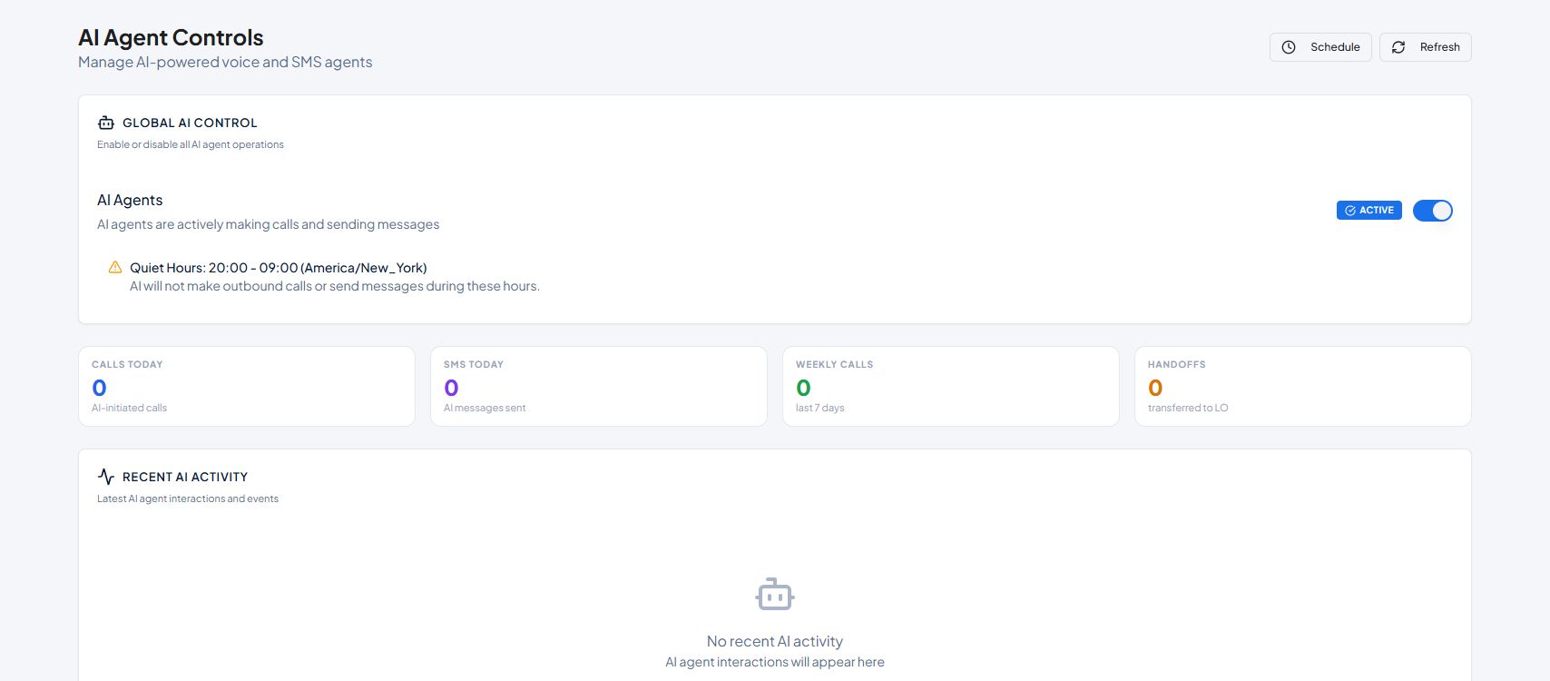 FastIQ AI Agent Controls with quiet hours and activity metrics