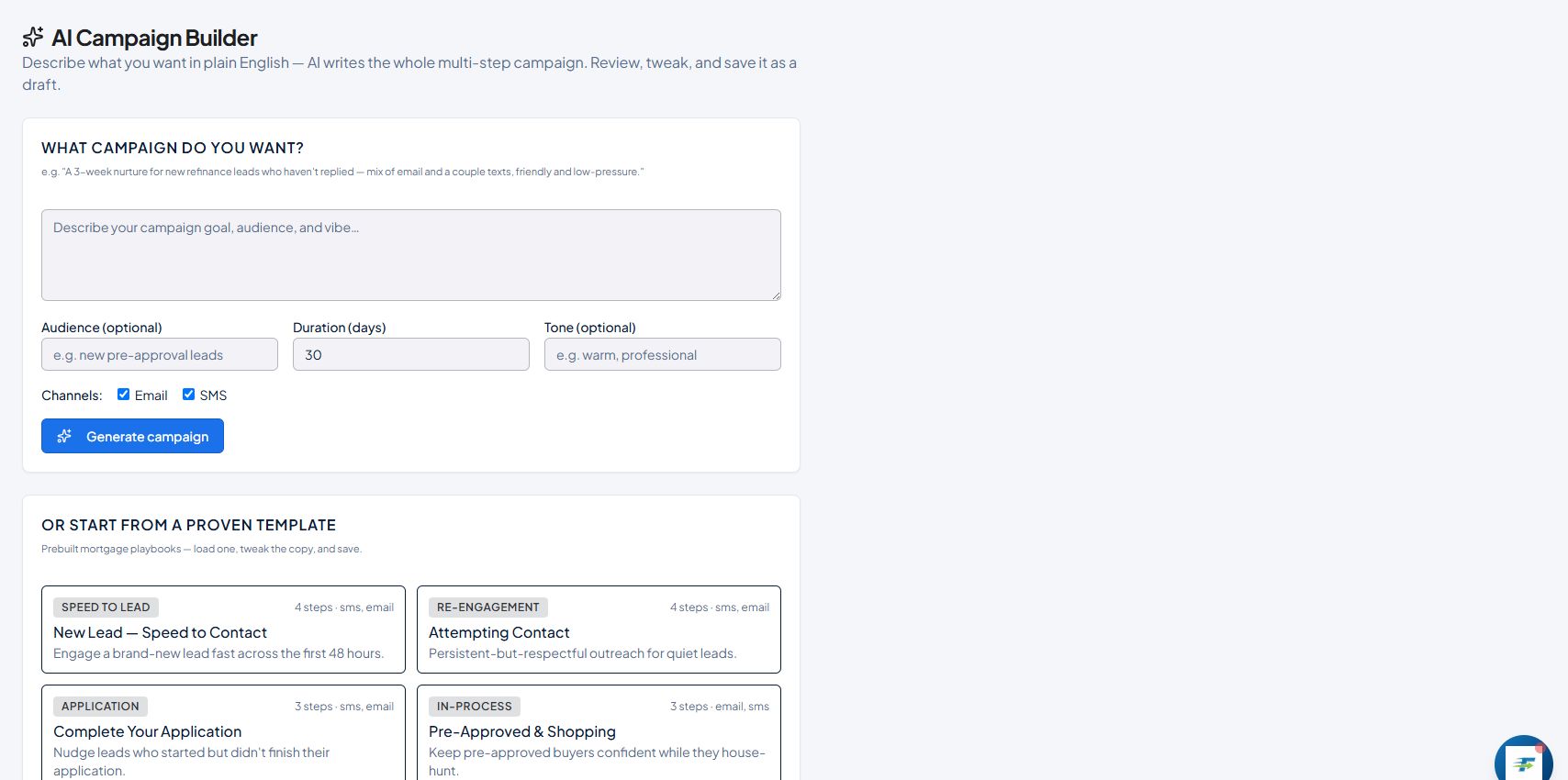 FastIQ AI Campaign Builder with campaign prompt and mortgage templates
