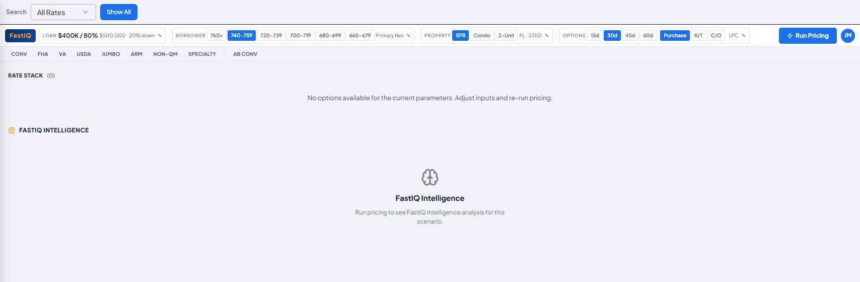 FastIQ pricing workspace with borrower, property and option controls