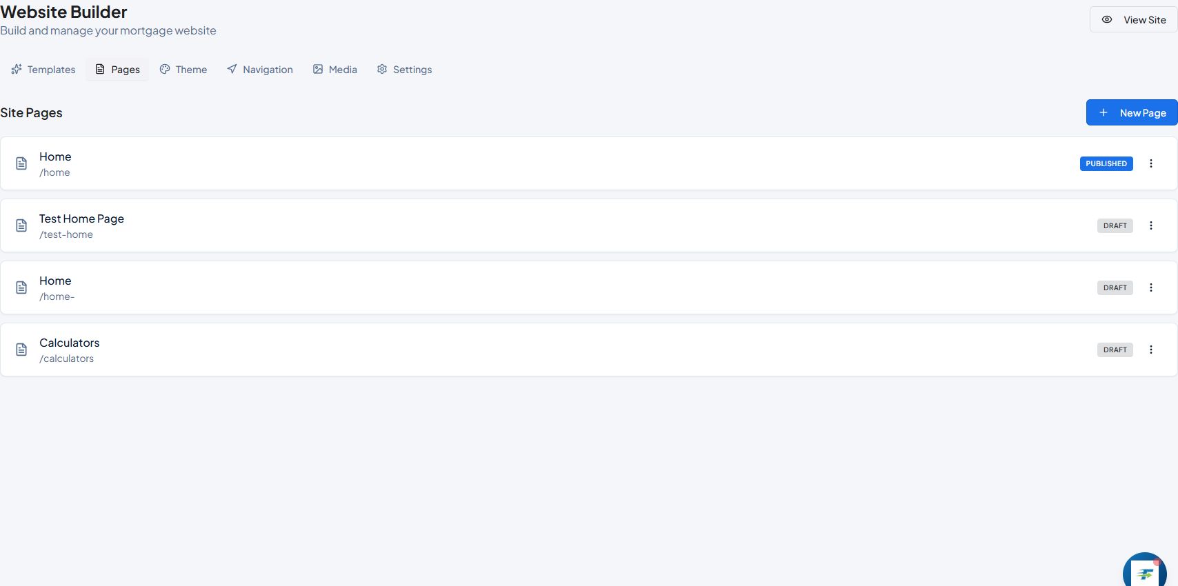 FastIQ Website Builder showing pages, templates, theme, navigation and media